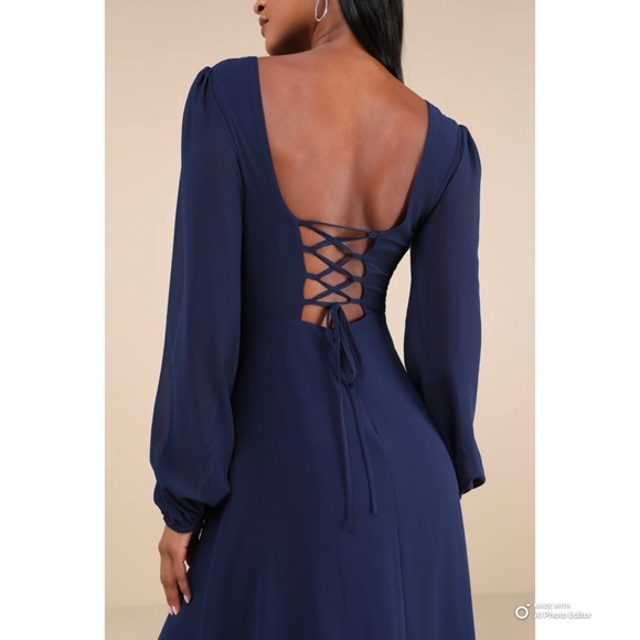 Lulus Large Marvelous Affair Navy Blue Pleated Lace-Up Maxi Dress NWT - Picture 10 of 17